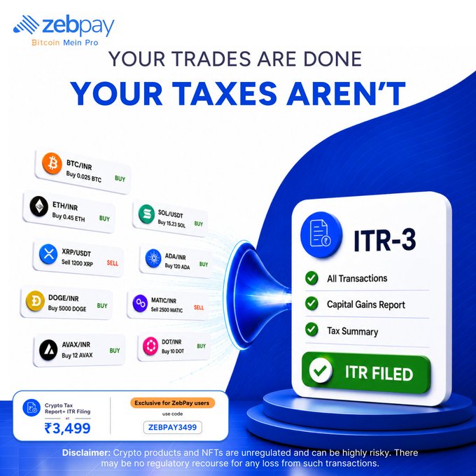 A ZebPay Bitcoin/Pro advertisement promoting crypto tax filing services (ITR-3), listing various cryptocurrency trading pairs like BTC/INR, ETH/INR, XRP/USDT, DOGE/INR, AVAX/INR, SOL/USDT, ADA/INR, MATIC/INR, and DOT/INR with buy/sell options.