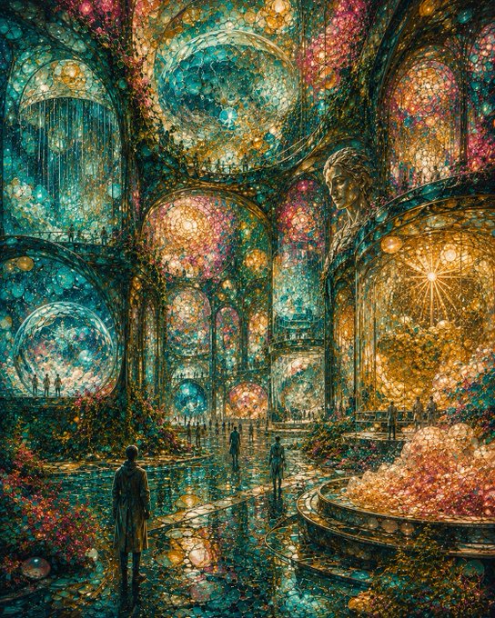 Surreal, luminescent digital artwork depicting a cathedral-like interior glowing with cosmic stained-glass mosaics in teal and gold, where small silhouetted figures wander among floating orbs and floral arrangements.