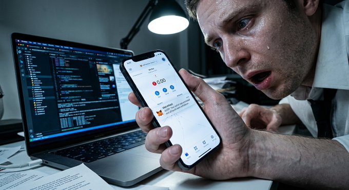 A man stares in shock at his smartphone displaying a balance of '0 USD' next to a laptop showing lines of code, suggesting a crypto wallet has been drained.
