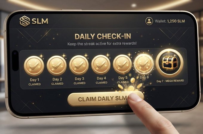 A smartphone screen displaying a 'DAILY CHECK-IN' feature for the SLM app, showing gold coin rewards for Days 1-6 marked 'CLAIMED' and a 'MEGA REWARD' treasure chest on Day 7, with a 'CLAIM DAILY SLM' button being pressed. Wallet shows 1,250 SLM.