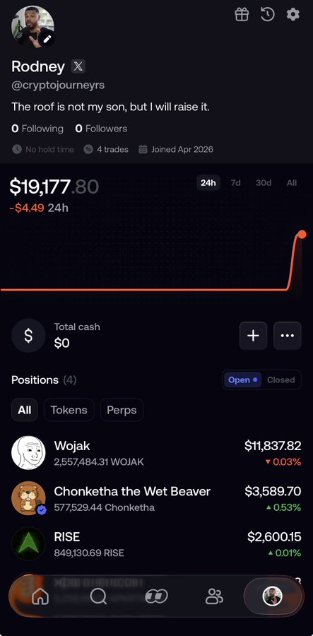 A screenshot of a crypto portfolio dashboard for user "Rodney" (@cryptojourneyrs) showing a total value of $19,177.80 (down $4.49 over 24h), with positions in Wojak ($11,837.82), Chonketha the Wet Beaver ($3,589.70), and RISE ($2,600.15), accompanied by a sharp upward price spike on the 24h chart—suggesting significant gains that prompted the poster's FOMO-driven enthusiasm for the @fomo platform over @Pumpfun.
