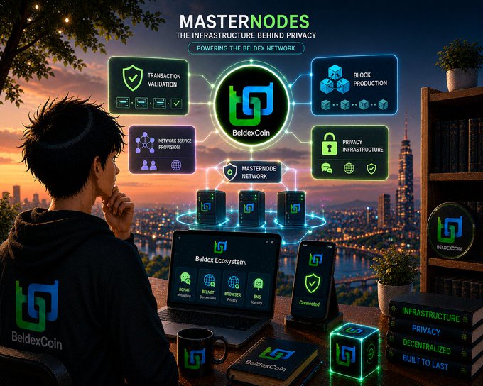 A promotional graphic for BeldexCoin 'MASTERNODES - THE INFRASTRUCTURE BEHIND PRIVACY, POWERING THE BELDEX NETWORK', showing a person at a desk with a laptop displaying the Beldex ecosystem against a city sunset.
