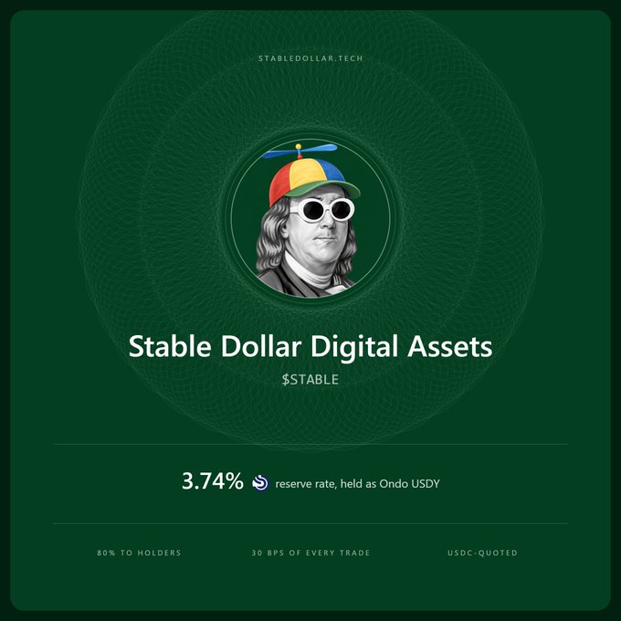 The image shows a promotional graphic for "Stable Dollar Digital Assets" with the ticker $STABLE, featuring a cartoon Benjamin Franklin wearing a colorful propeller hat and round sunglasses against a green background with a wireframe sphere design. It highlights key metrics: a 3.74% reserve rate held on Ondo USDY, with 80% of accrual going to holders, 30 BPS of every trade, and USDC-quoted trading—visually summarizing the yield-bearing mechanism described in the post where trading volume builds an onchain reserve earning through USDY and returning 80% of returns to token holders.