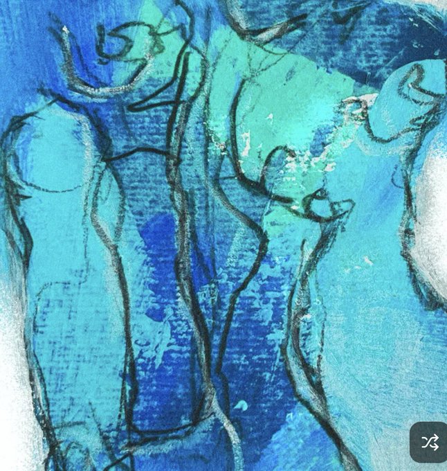 An abstract artwork featuring figures rendered in expressive black lines over a vibrant background of layered blue and turquoise tones.