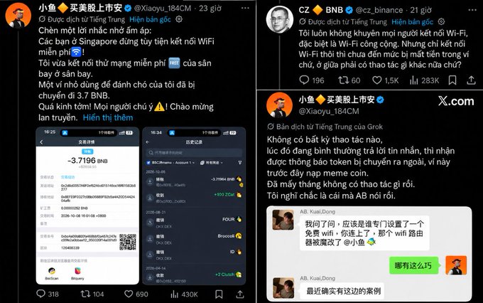 Screenshots of X (formerly Twitter) posts in Vietnamese discussing Wi-Fi connection issues and a meme coin called AB, with engagement metrics and replies visible.