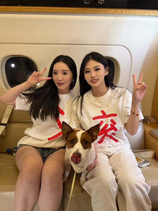 Two young women wearing matching white t-shirts with red Chinese characters pose with peace signs on a private jet, accompanied by a brown and white dog.