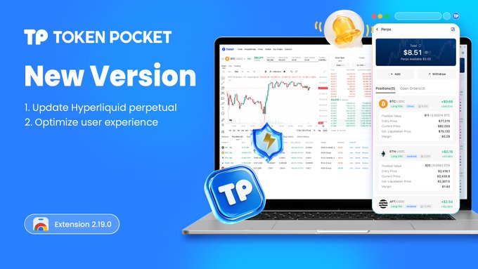 An advertisement for Token Pocket's new version update, featuring the TP extension 2.19.0 with Hyperliquid perpetual updates and user experience optimization, showing screenshots of the trading interface.