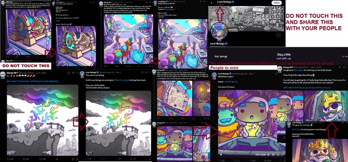 A collage of social media posts showing NFT artwork featuring cartoon characters, rainbow elements, and castle imagery, with red arrows and 'DO NOT TOUCH THIS' warnings overlaid.