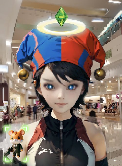A 3D animated character wearing a red and blue jester hat with bells and a glowing halo, with a small bear character in a green targeting box in the corner, set in a mall environment.