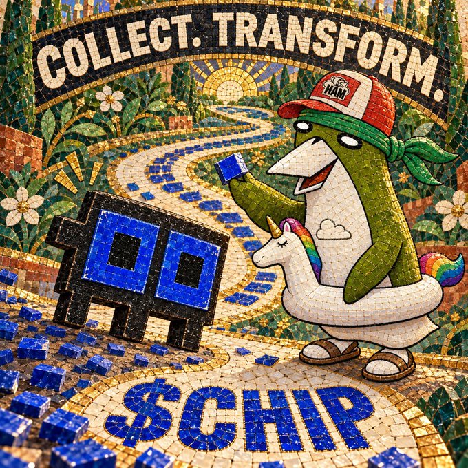 A colorful mosaic illustration featuring a cartoon character in a red 'HAM' cap riding a unicorn floatie, with text reading 'COLLECT. TRANSFORM.' and 'SCHIP'.