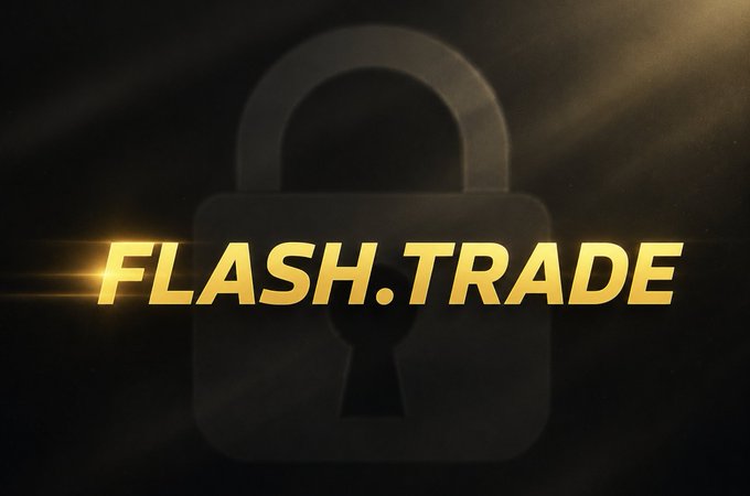 A dramatic logo graphic for "FLASH.TRADE" in bold, glowing yellow italic text overlaid on a dark silhouette of a padlock against a black and gold background.
