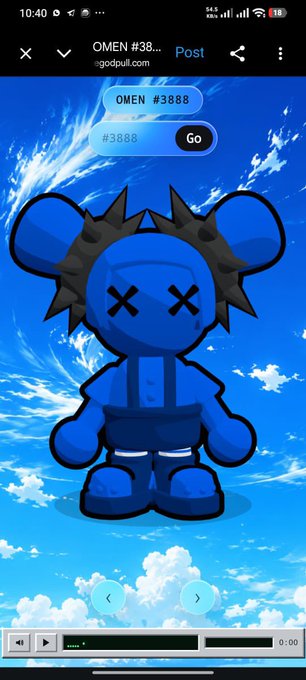 A mobile screenshot showing a blue cartoon character with X's for eyes and spikes on its head against a cloudy sky background, with the text "OMEN #3888" at the top.