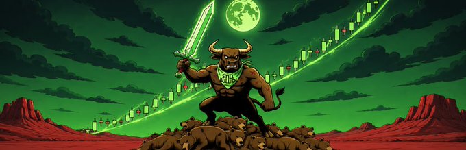 The image features a cartoon illustration of a bull holding a sword, standing atop a pile of rocks with mountains in the background. The text "Probably the last $bull standing" is written above the bull's head, while the caption "Let'S send it higherrrr CA: 3dmNDj7pZBbnAJmqYEtkxFNxL1UdS5zZCuvzXutupump" suggests that this image might be related to a post about a specific bull or bulls.
