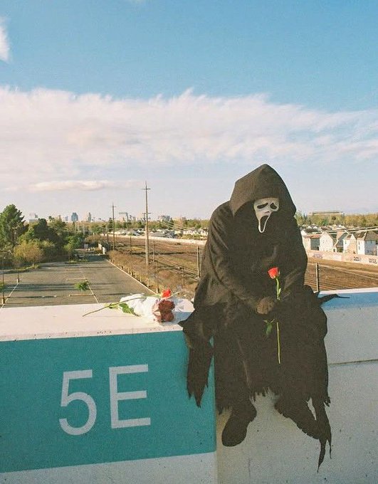 A person dressed as Ghostface from the Scream franchise sits on a wall marked '5E', holding a red rose with flowers beside them, overlooking a parking lot.