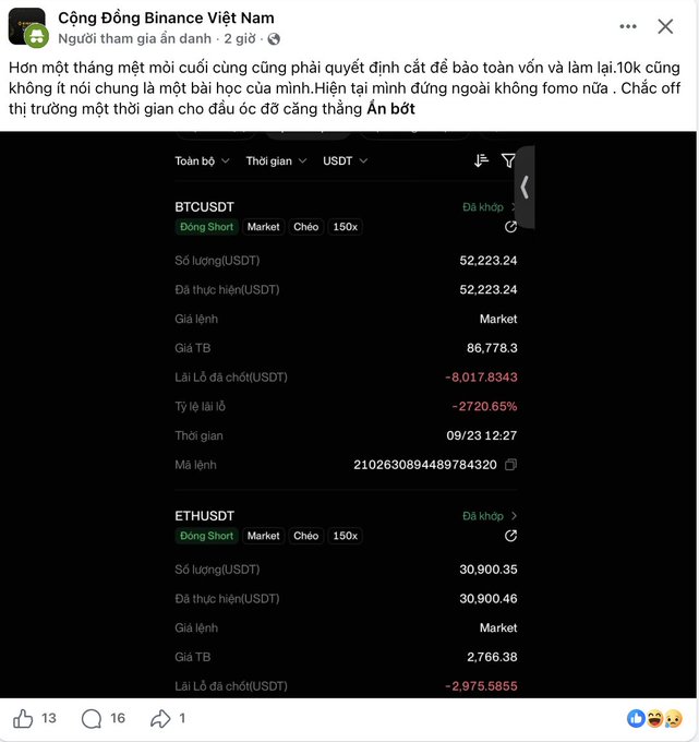 A Vietnamese social media post from 'Cộng Đồng Binance Việt Nam' showing significant trading losses on BTCUSDT and ETHUSDT positions with 150x leverage.