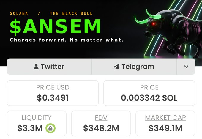 The image displays a cryptocurrency token dashboard for **$ANSEM** on the Solana network, branded as "THE BLACK BULL" with the tagline "Charges forward. No matter what," showing a price of $0.3491 (0.003342 SOL), $3.3M liquidity, and a $349.1M market cap. The accompanying post congratulates @blknoiz06 for turning a struggling memecoin into a symbol of hope, reflecting the triumphant "black bull" imagery and resilience theme shown in the dashboard.