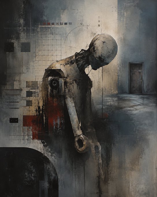 A dark, moody painted artwork of a humanoid figure in an industrial setting with concrete walls, a doorway, and red accent marks.