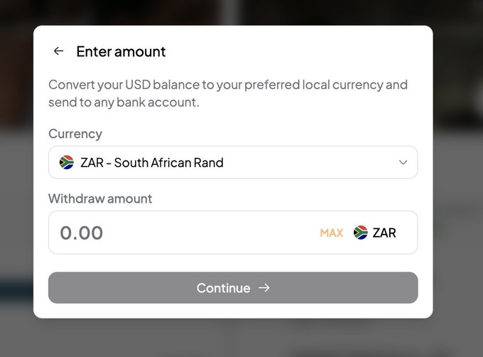 The image shows a withdrawal interface where users can convert their USD balance to South African Rand (ZAR) and enter a withdraw amount before continuing. This illustrates the new ZAR offramp feature mentioned in the post, allowing Hyperliquid users to receive ZAR directly in their South African bank accounts.