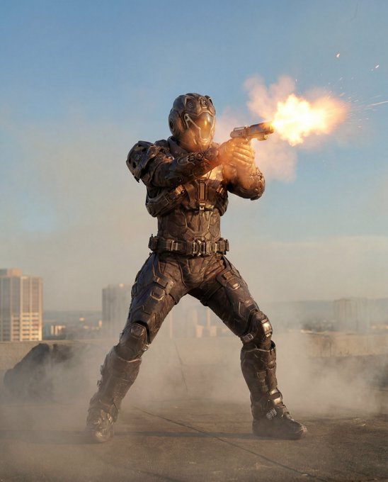 A heavily armored soldier in dark tactical gear firing a weapon with a bright muzzle flash on a rooftop, with a hazy city skyline in the background.