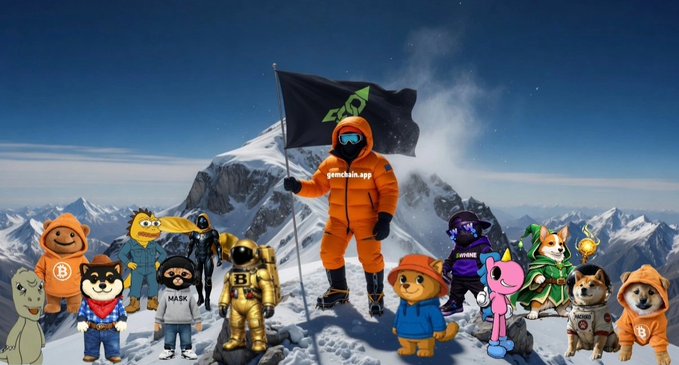 The image features a group of cartoon characters standing together, with one character prominently holding a flag. The characters include a dog, a bear, a cat, and several other animals. The background shows a mountain landscape under a blue sky. The caption for the image reads "GM! @gemchainapp Features GM! @gemchainapp Features GM! @gemchainapp Features GM! @gemchainapp Features GM! @gemchainapp Features GM! @gemchainapp".