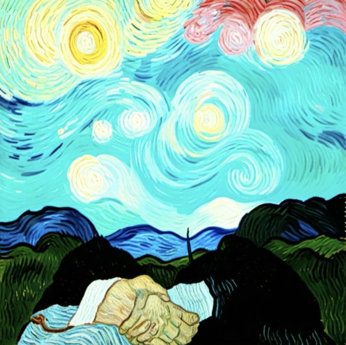 A painted artwork reminiscent of Van Gogh's 'Starry Night' style depicts swirling yellow and white stars in a blue sky above dark mountains, with two clasping hands visible in the foreground.