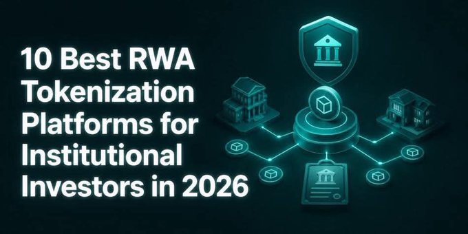 A dark thumbnail-style graphic with the text "10 Best RWA Tokenization Platforms for Institutional Investors in 2026" alongside glowing teal illustrations of a shield, buildings, and a network of connected nodes.