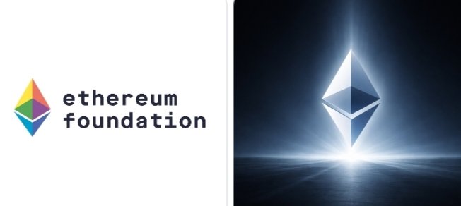 The image features two side-by-side graphics representing Ethereum: on the left is the Ethereum Foundation logo with its colorful geometric diamond emblem and "ethereum foundation" text, and on the right is a glowing, stylized Ethereum diamond logo on a dark background, symbolizing the network's evolving technical upgrades referenced in the accompanying post about the Hegotá fork and its key EIPs like FOCIL and Frame Transactions.