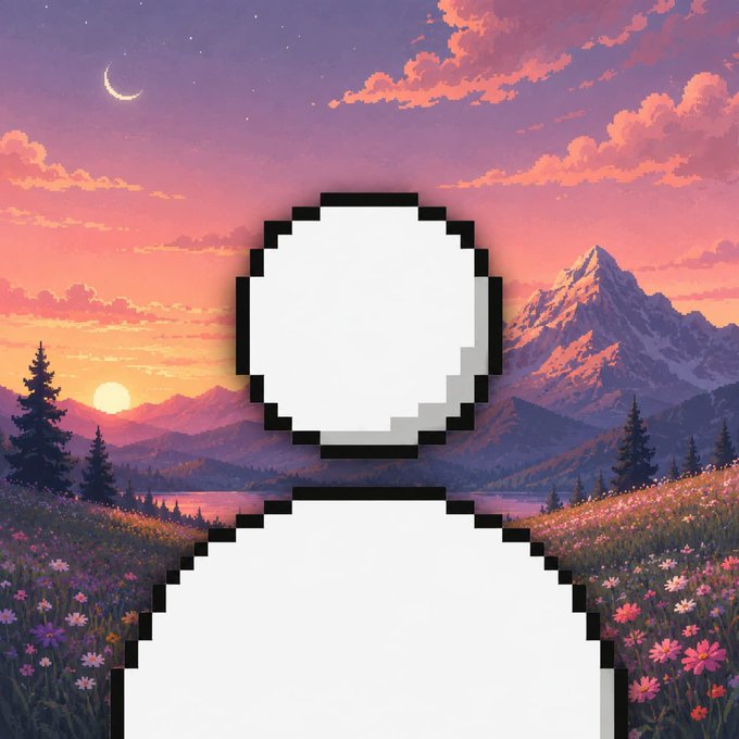 A pixel-art style profile silhouette placeholder centered against a vibrant sunset landscape featuring mountains, a lake, wildflowers, and a crescent moon.