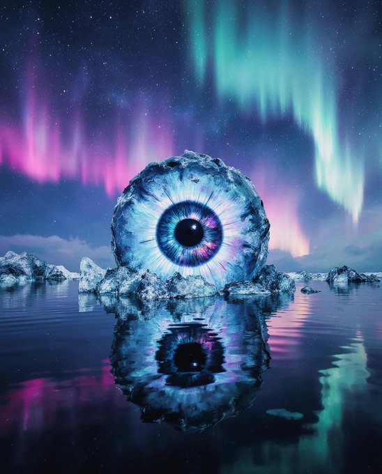 A surreal digital artwork depicting a giant realistic eyeball emerging from icy water, reflected on the surface below, set against a night sky with vibrant pink and teal auroras.