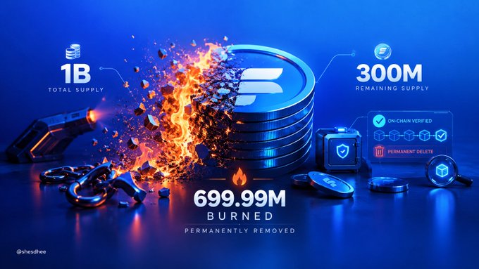 A dramatic digital illustration shows a stack of blue $STREAM coins being shattered by flames, with text displaying "1B TOTAL SUPPLY," "300M REMAINING SUPPLY," and "699.99M BURNED PERMANENTLY REMOVED," alongside an "ON-CHAIN VERIFIED" badge. The fiery coin destruction visually reinforces the post's message about Streamflow Foundation's permanent burn of nearly 700 million $STREAM tokens, reducing supply from 1B to 300M in a verifiable on-chain transaction.
