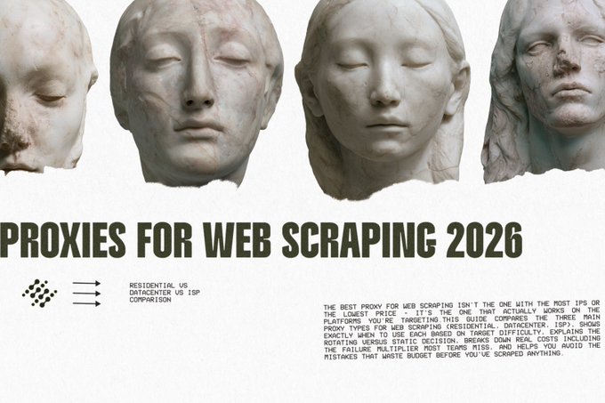 Four stone sculpted heads with closed eyes appear above the bold heading "PROXIES FOR WEB SCRAPING 2026," with accompanying text comparing residential, datacenter, and ISP proxy types and their rotation strategies for targeted web scraping. The image visually reinforces the post's discussion of proxy provider tiers, using the serene, masked faces as a metaphor for the identity-masking function proxies serve in web scraping operations.