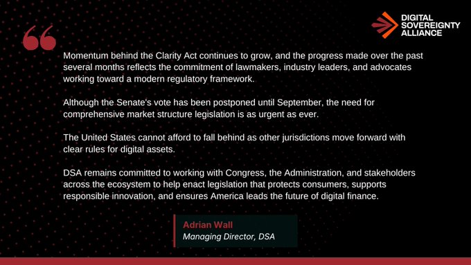 A statement from the Digital Sovereignty Alliance on a black and red background attributes a quote about the Clarity Act and digital asset legislation to Adrian Wall, Managing Director, DSA.