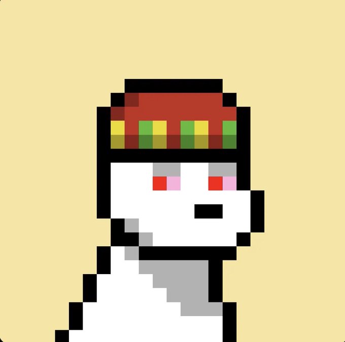 A pixel art character with a white face wearing a rasta-colored beanie with red, yellow, and green stripes, set against a tan background.