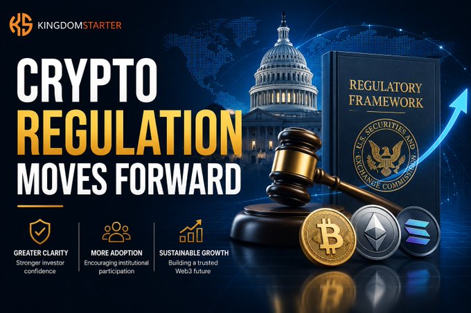 A promotional graphic from KingdomStarter titled 'CRYPTO REGULATION MOVES FORWARD,' featuring the U.S. Capitol, a SEC Regulatory Framework book, a gavel, and cryptocurrencies BTC, ETH, and SOL.