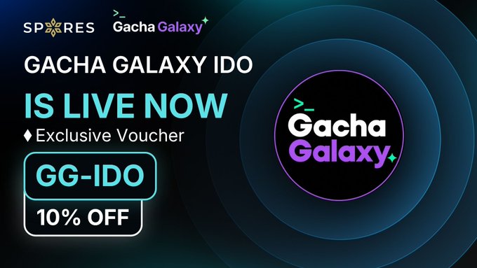 A promotional banner announces "GACHA GALAXY IDO IS LIVE NOW" on the Spores Launchpad, featuring an exclusive voucher code "GG-IDO" for 10% off, alongside the Gacha Galaxy logo. The graphic aligns with the announcement that Gacha Galaxy, a price oracle and prediction signal layer for collectible cards aggregating listings from seven major marketplaces, is launching via Spores.