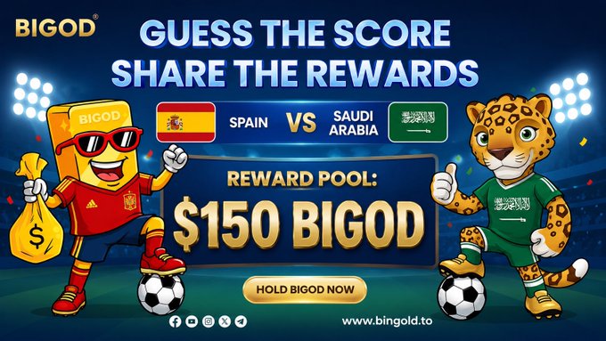 The image features two cartoon animals, a leopard character from Saudi Arabia and a bulldog character from Spain, standing next to each other while holding soccer balls. They are dressed up as their respective teams. The background of the image has a stadium filled with people watching the game. There is also text on the poster that reads "Guess the Score Share the Rewards" and encourages viewers to predict the score of the match, with a $150 reward pool for the correct answer.