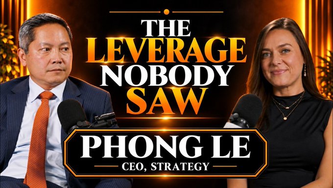 A YouTube thumbnail featuring Phong Le (CEO) and a female host with the text 'THE LEVERAGE NOBODY SAW'.