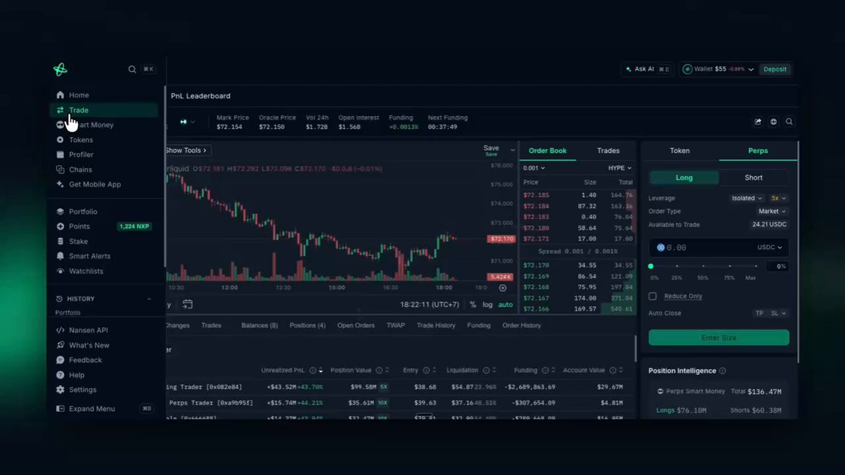 The image shows a screenshot of a trading dashboard for the cryptocurrency "Hyperliquid Perps" which was live on Nansen before 12 pm today. The main focus of this dashboard is the Perps ticker, where various indicators are displayed including Volume, Open Price, Closed Price, and Market Cap. Additionally, there's a new post with information that mentions Smart Money trading, which is an important detail for traders to keep track of when making decisions on what to trade or buy. Moreover, there's a reference to the "Toggle Perps in token screener" or Perps on Smart Money, which could be useful for understanding the context and further actions related to this trading dashboard. The image also shows an active window that is open in the trading platform where all these indicators are displayed.