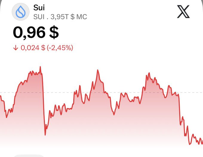 A financial chart for the cryptocurrency Sui shows a price of 0.96$, down 0.024$ (-2.45%), with a red line graph indicating price fluctuations over time.