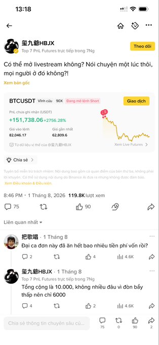 A Vietnamese Twitter/X screenshot from user 皇九爺HBJX showing a discussion about livestreaming, featuring a BTCUSDT price chart showing a drop to 82,046.17 (down 2,756.28%) and replies about a gambling loss of 'Đại ca đạn này đã ăn hết bao nhiêu tiền phí vốn rồi?'.