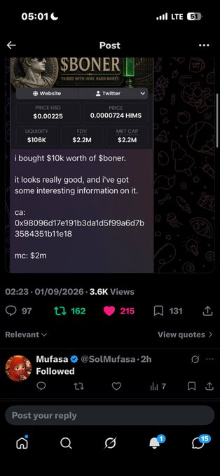 A screenshot of a social media post about the cryptocurrency $BONER, showing it was purchased on the Solana (SOL) blockchain, with a contract address starting "0x98096d17e191b3da1d5f99a6d7b3584351b11e18", a market cap of $2.2M, and 3.6K views, posted by user @SolMufasa.