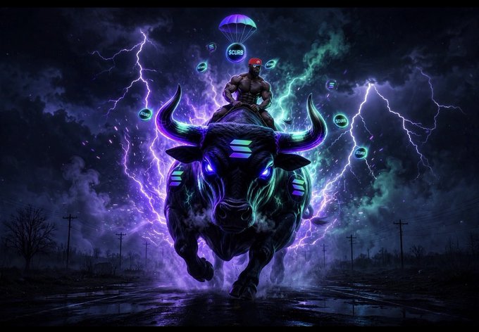 A muscular bull with glowing neon purple and teal markings charges forward through a stormy lightning-filled sky, with a muscular rider on its back beneath a parachute labeled "CURB." Small coin-like objects float around them amid electric energy, visually embodying the unstoppable bullish momentum of the $CURB token referenced in the post.