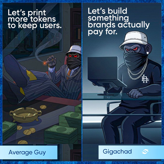 A two-panel comic meme contrasting 'Average Guy' ('Let's print more tokens to keep users') with 'Gigachad' ('Let's build something brands actually pay for'), featuring cartoon monkey characters.