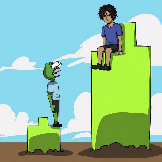 A cartoon showing a small Kermit the Frog character in a blue shirt standing on a short green block, looking up in awe at a dark-haired human figure sitting on a much taller green block.