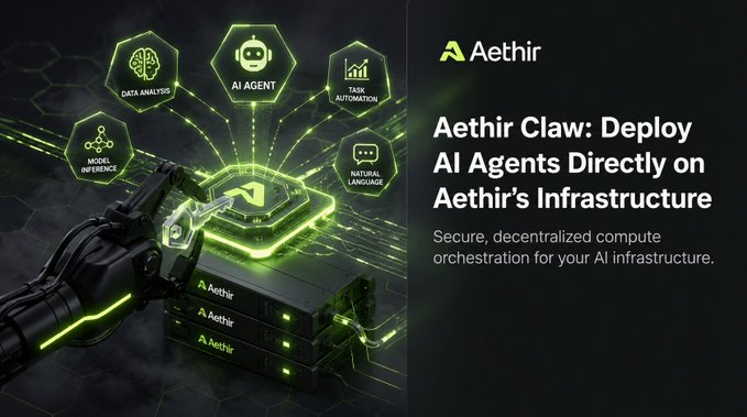 urns of green and black icons, including a robot, brain, and data analysis icon, are arranged on a dark gray background with the text "Aethir Claw: Deploy AI Agents Directly on Aethir's Infrastructure".
