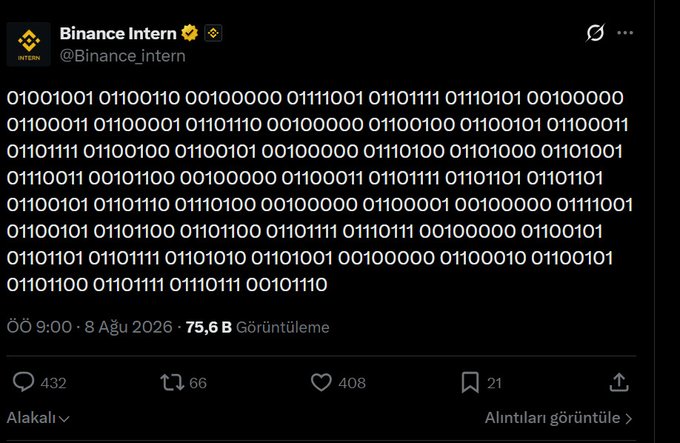 A tweet from "Binance Intern" (@Binance_intern) displaying rows of binary code (0s and 1s), posted on August 8, 2026, with 75.6B views. The cryptic binary message matches the context of a "mystery tweet" from the Binance intern account, which the accompanying post notes is part of the account's pattern of unusual posts unrelated to LUNC.