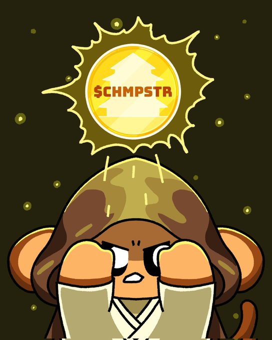 A cartoon monkey character in a robe with hands clasped in prayer beneath a glowing golden token labeled '$CHMPSTR'.