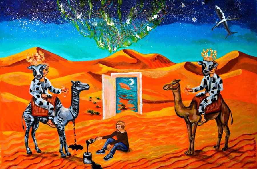 A vibrant surrealist painting showing a person sitting in an orange desert with two crowned figures riding a zebra and a camel, a door to the sea in the background, and an inverted landscape hanging from a starry sky.