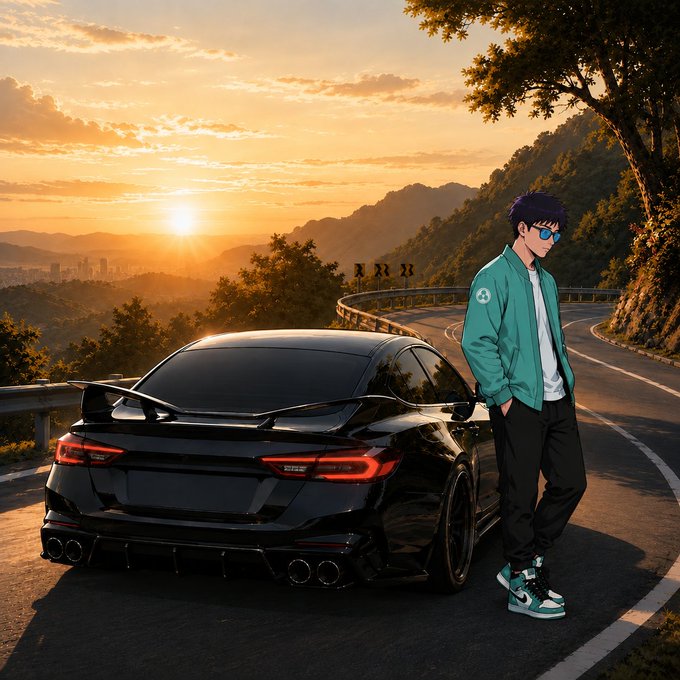 An anime-style illustration of a young man with blue hair and sunglasses leaning against a black sports car on a winding mountain road at sunset, wearing a teal jacket, dark pants, and sneakers.