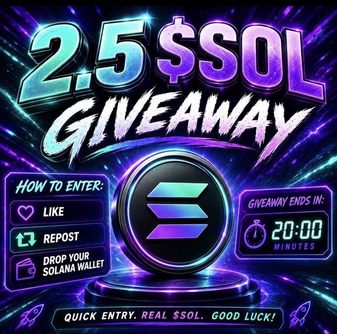 A vibrant neon-styled promotional graphic announcing a "2.5 $SOL GIVEAWAY," featuring a Solana coin centerpiece and instructions to like, repost, and drop a $SOL wallet to enter, with a 20-minute countdown timer and a tagline reading "QUICK ENTRY. REAL $SOL. GOOD LUCK!"
